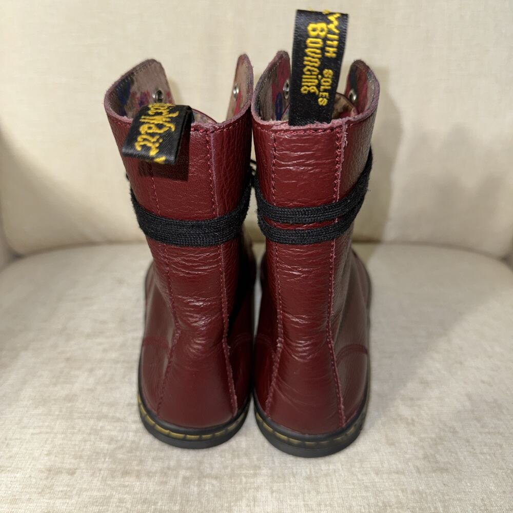 Dr. Martens STRATFORD Burgundy Leather Combat Boot Women 9, Floral Lined Maroon - Picture 7 of 9